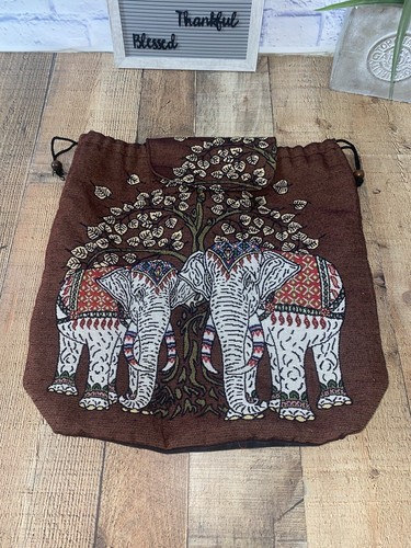Embroidered Elephant and Tree Cotton Drawstring Backpack, "Elephant Tree"