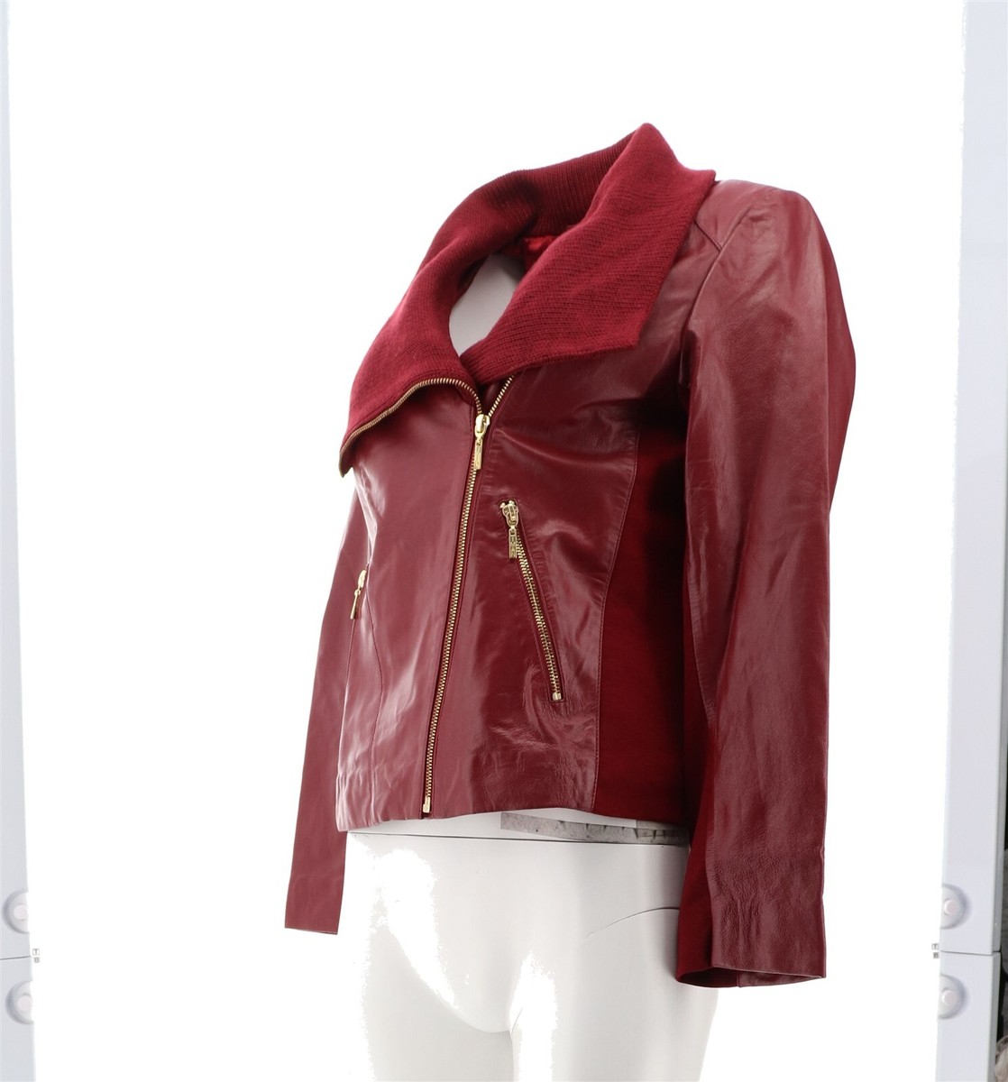 IMAN Global Chic Genuine Lamb Leather Moto Jacket Cranberry XS NEW