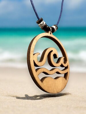 Handmade Wooden Ocean Wave Pendant Necklace | Unisex Boho Tribal Style | Oceanic