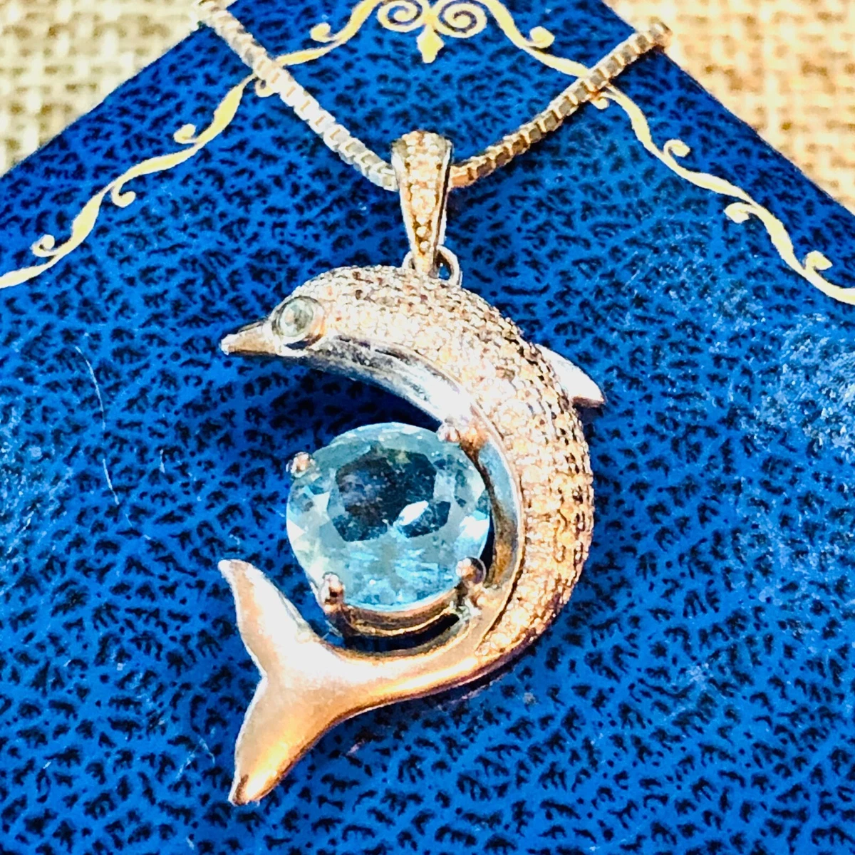 Blue Topaz Pave Diamond Dolphin Pendant Sterling Silver 18