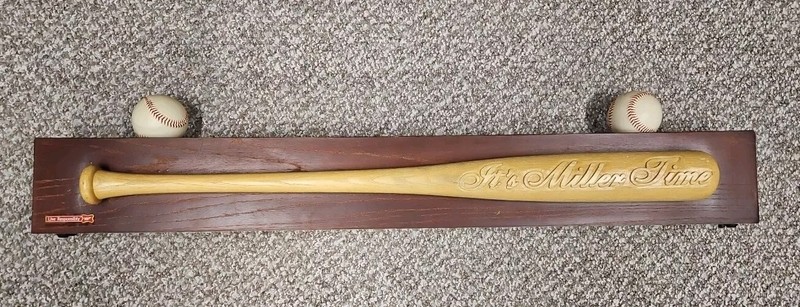 Vtg. 2002 MILLER BEER BASEBALL BAT and BASEBALL DISPLAY SHELF "IT'S MILLER TIME"