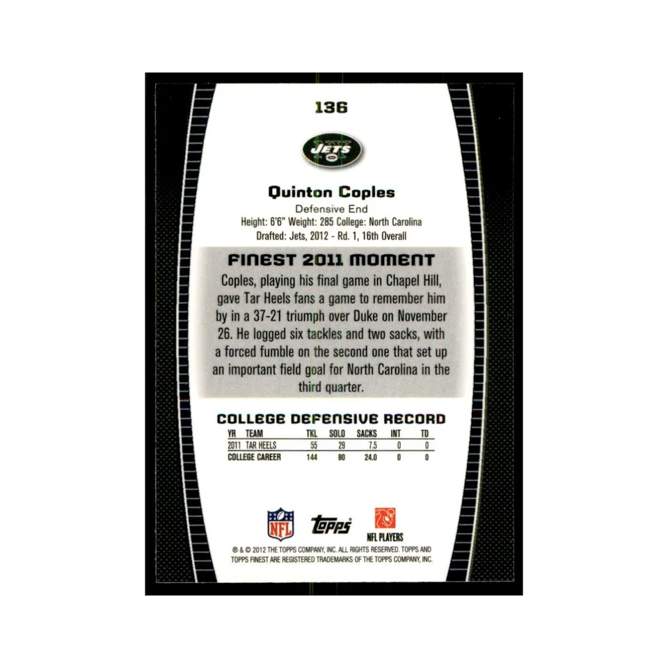 Quinton Coples Rookie 2012 Topps Finest #136 New York Jets Football Card NM - Image 2 of 3