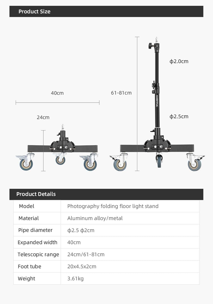Folding Light Stand With Wheels AMBITFUL – 61-81cm Adjustable Height ...