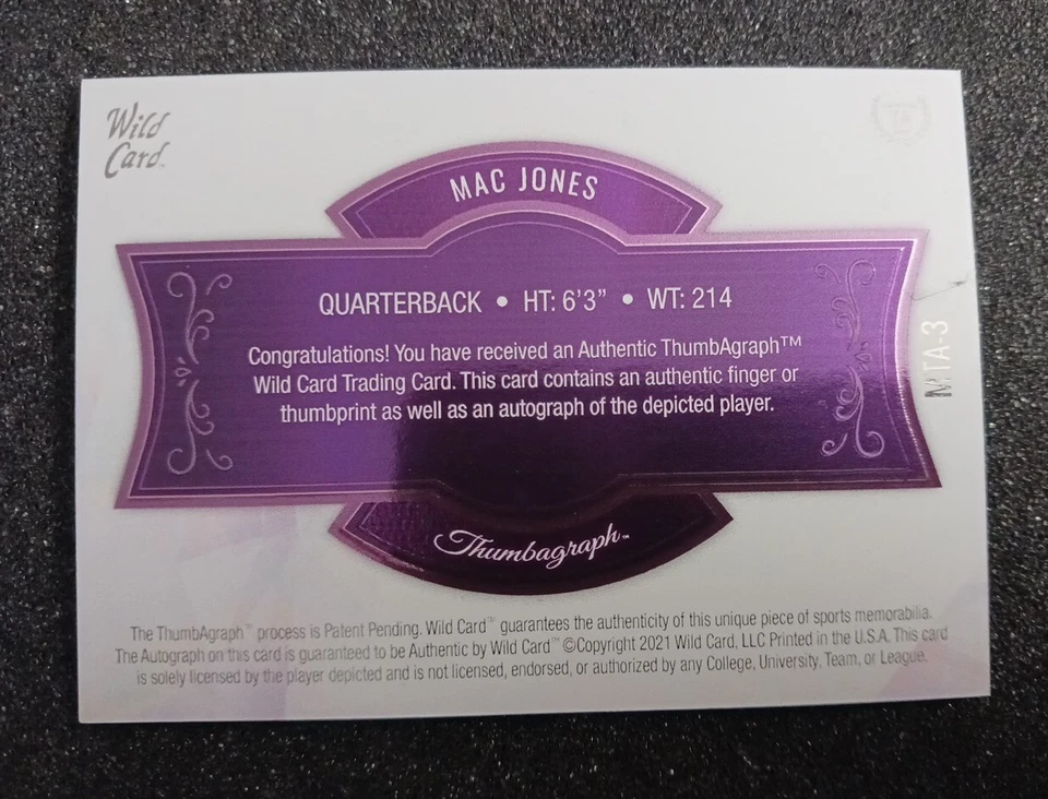 2021 Mac Jones /30 RC AUTO ThumbAgraph WildCard Matte New England Patriots - Image 2 of 2