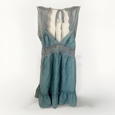 Boho Dress M Prairie Dusty Blue Crochet Backless Western Party Mini Ruffle Hem