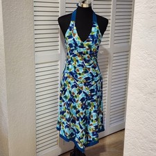 Nine West Women's Dress Halter V Neck Blue Multicolor Draped Ruched Size 4