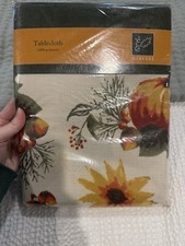Thanksgiving Harvest Fall Fabric Tablecloth Sunflowers Pumpkins Oblong 60 x 102