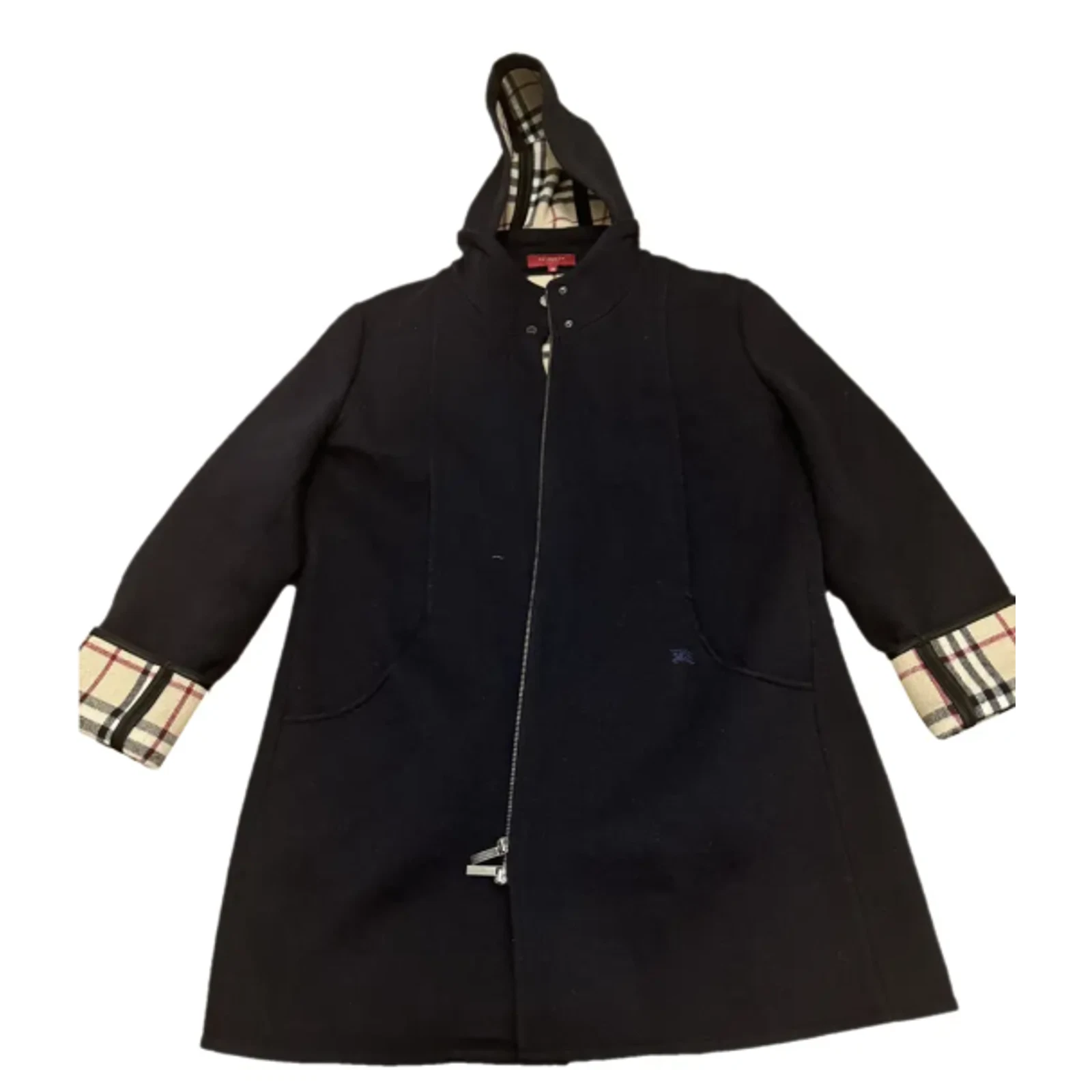 Cappotto Burberry donna taglia US 18 lana blu navy nova check con cappuccio autenticato