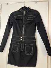NEW PrettyLittleThing Black Woven Contrast Stitch Detail Bodycon Dress Sz 4