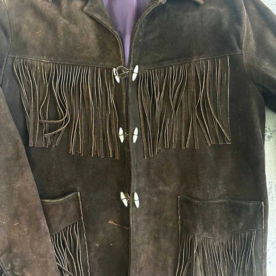 Chaqueta de Cuero Marrón Chocolate Vintage Gamuza Flecos Western Boho XL/2XL *Defecto* Foto 3 de 4