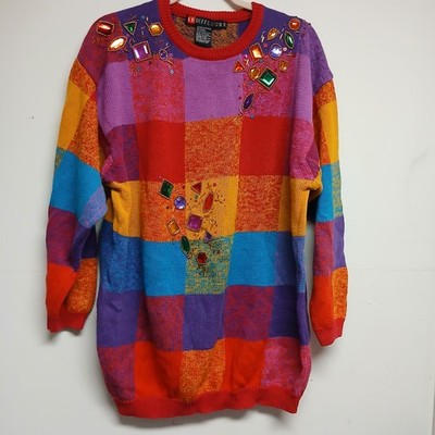1992 I.B. Diffusion Sweater Color Block Geometric Faux Jewels Womens Size 2x