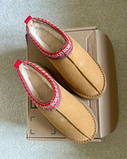 Women's Tan Suede Slip-On Slippers Faux Fur Lined Red Trim EU 39 US 8