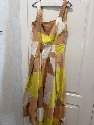 DONNA KARAN Long Lime-Yellow, Tan, & White Cotton Sundress Size 8 $179