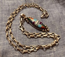 Vintage Zuni Inlay Necklace Sterling Silver Pendant on Traditional Native Chain