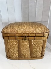 Vintage Handwoven Bamboo & Rattan Lidded Latch Storage Basket Boho Natural