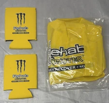 NEW Yellow Monster Rehab Energy Drink Koozies (x2) w/ Inflatable 50" Beach Ball