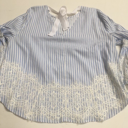 ZARA BLOUSE SHIRT L 12 Blue Stripe LACE Candy Long sleeve tie back neck summer - Picture 10 of 16
