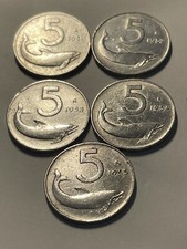 Lotto 5 Monete 5 Lire del 1951 1952 1953 1954 1955 Originale Antica Rara Delfino