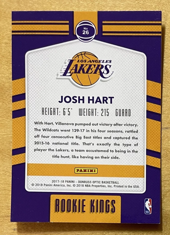 Josh Hart 2017-18 Panini Donruss Optic Rookie Kings #26 Los Angeles Lakers Mint - Image 2 of 2
