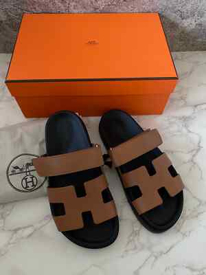New Authentic HERMES Chypre Sandal Mules Slides Shoes Flats Gold Brown 36.5
