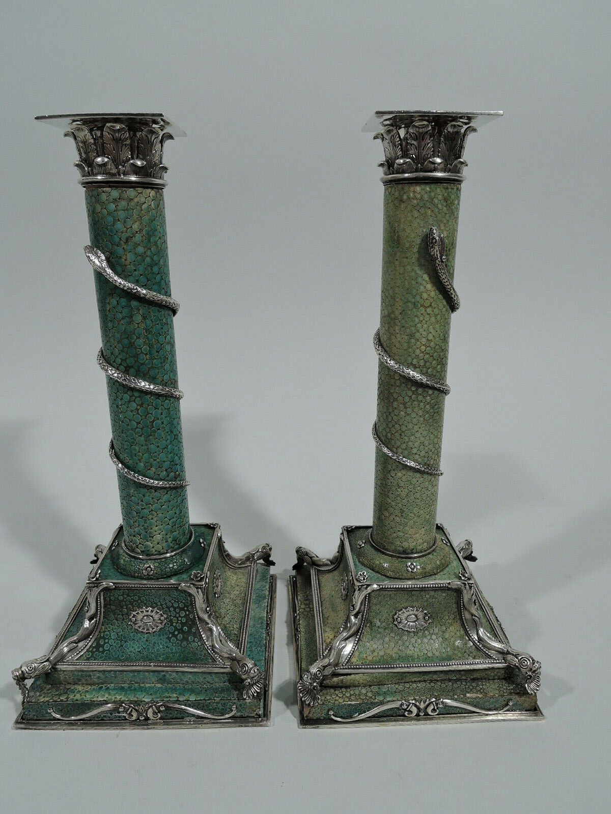 Antique Candlesticks - Corinthian Column Pair - European Silver Green Shagreen