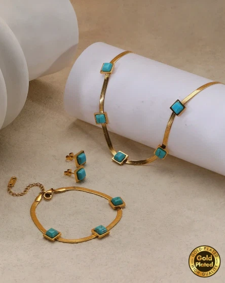 Natural Turquoise Necklace Bracelet Earring Set 18K Gold Plated Stainless Steel - Image 2 of 4