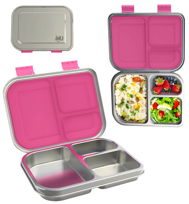 Bento Lunch Box, Stainless Steel, 3 Compartments, Leak-Proof, Pink
