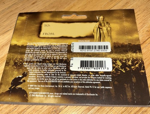 2003 BLOCKBUSTER VIDEO - Lord of the Rings The Two Towers GIFT CARD (No Value) - Picture 3 of 3