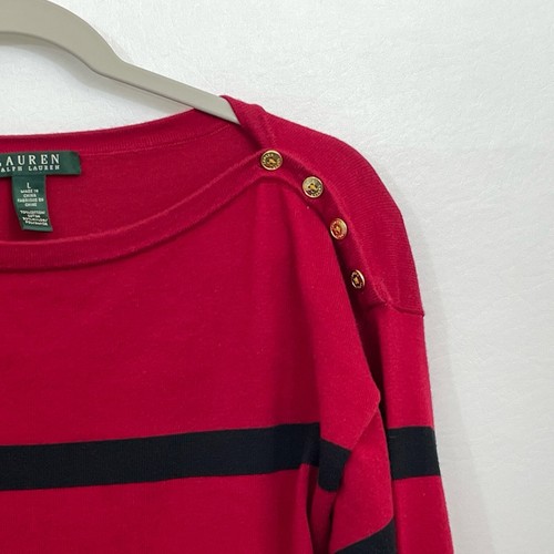 Lauren Ralph Lauren Womens L Sweater Cotton Blend Red Black Stripe Gold Button - Picture 3 of 7