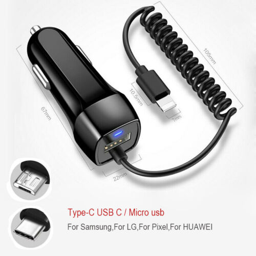 Fast Car Charger Type C USB For Samsung Galaxy S6 S7 S8 S9 S10 Retractable Cable