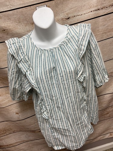Universal Thread Womens Shirt Size Medium Short Sleeve Blue Striped Blouse New - 第 8/11 張圖片