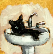 Original Oil Painting Black Cat in Sink Funny Animals Signed Artwork To Order