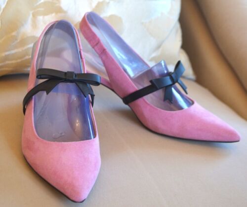 Nanette Lepore Women's Pink Suede Kitten Heel Slingback Shoes Size 8 w/ Bow