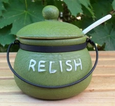 "Relish" Labeled Condiment Pot w/Spoon Green