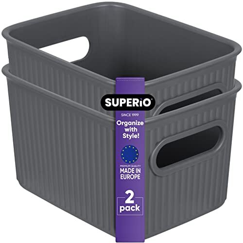 Superio 1.5 L Mini Ribbed Storage Bin- Plastic Storage Basket (Grey, 2 Pack) - Picture 1 of 8