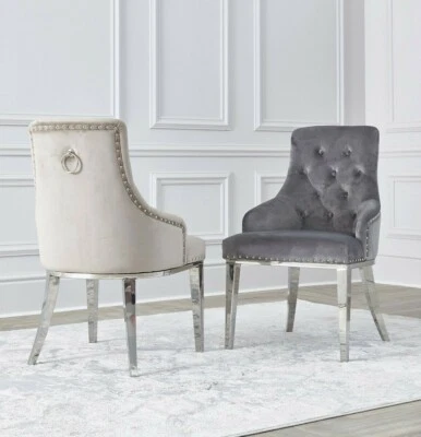 Upholstered Velvet Button Dining Chairs Grey Black Cream Chrome Leg Knocker Back