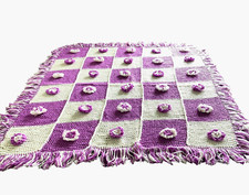 Handmade Crochet 3D Flower Afghan Throw Blanket Fringe Purple Lilac White Small
