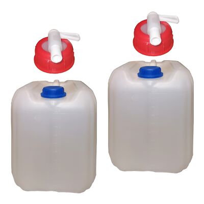 2 Kanister 10 Liter HDPE natur leer mit 2 Schraubverschluß & 1 Auslaufhahn DIN45