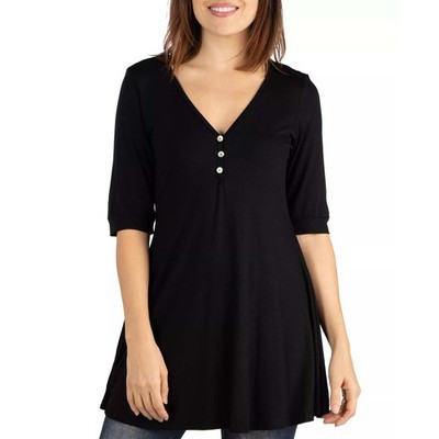 24seven Comfort Apparel Black V-Neck Button Tunic Top Womens 2X