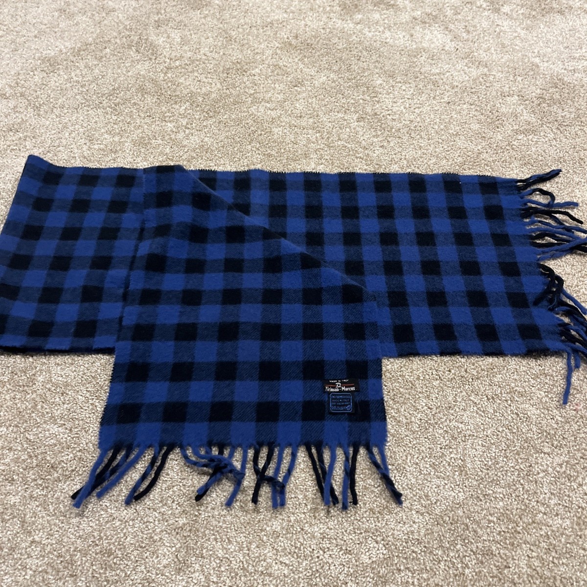 Vtg NEIMAN MARCUS Scarf 100% Lambswool Blue Black Buffalo Plaid