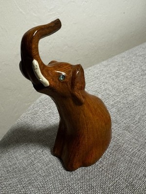 Vintage Faux Wood Elephant Figurine Trunk Up Good Luck Decor Brown 5.25