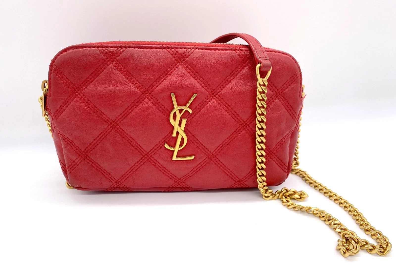 Saint Laurent — Saint Laurent  Grained Lambskin Quilted Mini Becky Double Zip Bag Rouge RED