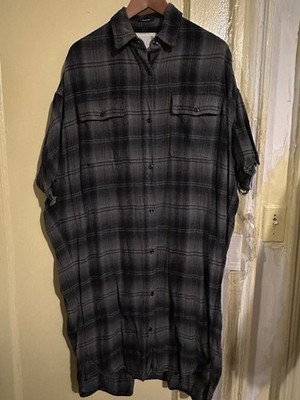 R13 Oversize Long Shirt Jacket Gray Black M Dress Plaid Button Check Coat Japan