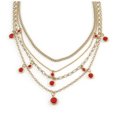 Goldfarbene Multi Kette mit rotem Anhänger Perlenkette - 52 cm L