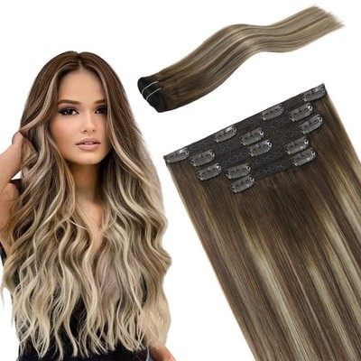 Lace Clip In Extensions Real Human Hair Balayage Walnut Brown to Ash Brown Mi...