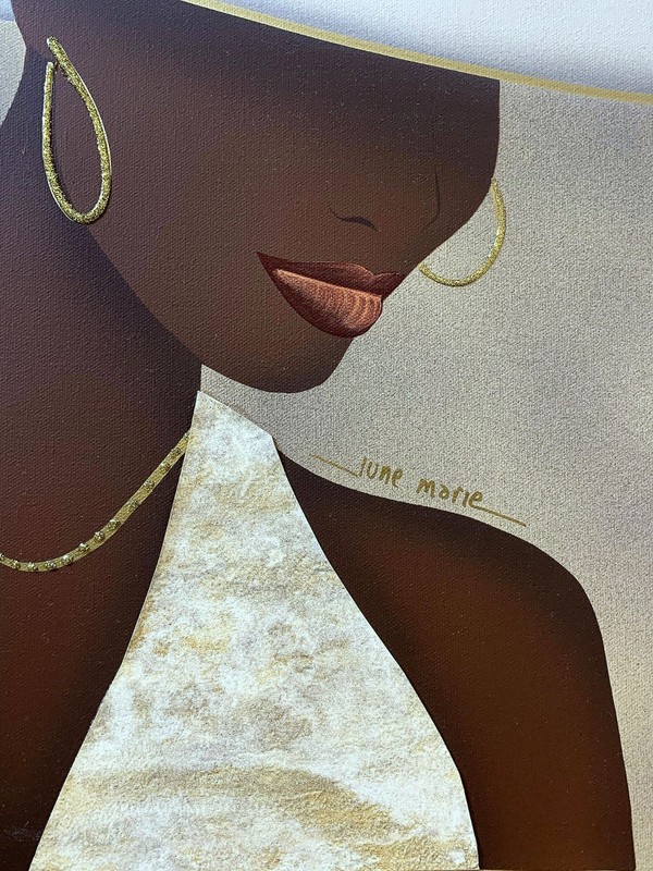 Large Signed June Marie Portrait with Textured Jewelry Oil Painting on Canvas