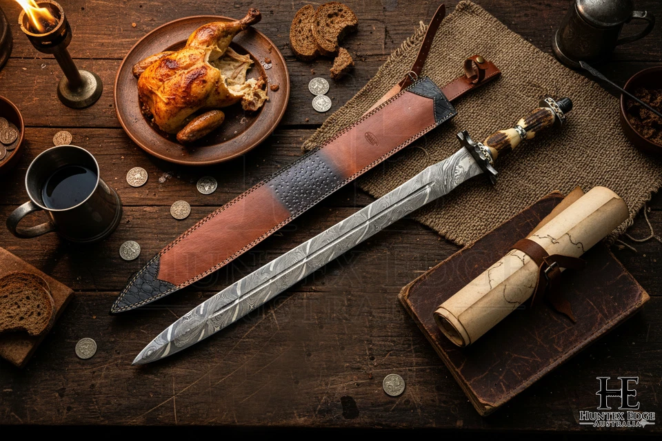 HUNTEX Handmade Damascus Blade,Deer Antler Hilt, 81 cm, Arming Viking ShortSword - Image 3 of 4