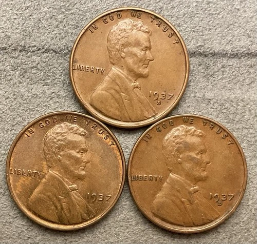 1937-p 1937-D 1937-S  Lincoln Wheat Cents - [XF EF] Extremely Fine ~ B678