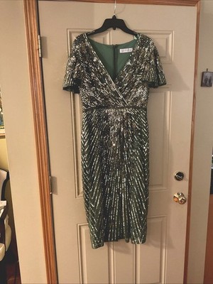 Mac Duggal Sz 10 Embellished Faux Wrap Flutter Sleeve Dress Sage and gold dress