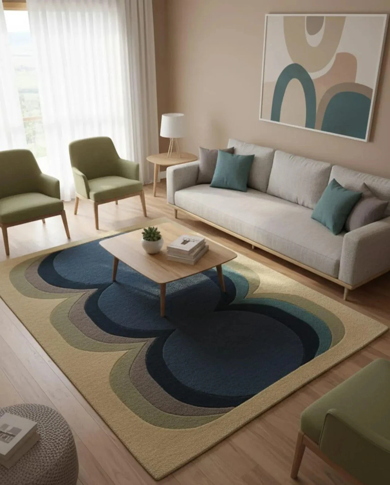 Hand Tufted Wool Rug: Modern Geometric Layered Design Abstract Area Carpet.